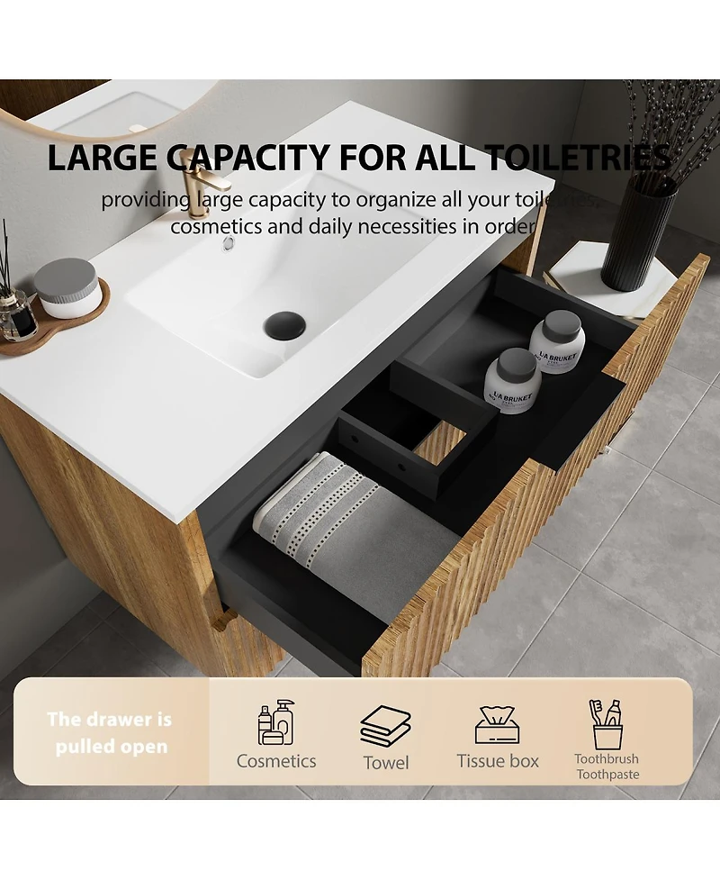 Sillysis Wall Mounted Bathroom Vanity with 3D Fluted Drawer, Integrated Ceramic Sink