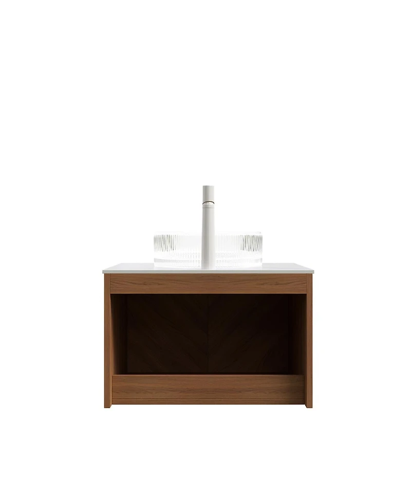 Sillysis Floating Bathroom Vanity with Glass Vessel Sink, Carrara Sintered Stone Top, Solid Wood Door, Twill Metal Trim