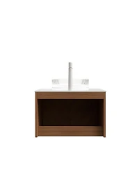 Sillysis Floating Bathroom Vanity with Glass Vessel Sink, Carrara Sintered Stone Top, Solid Wood Door, Twill Metal Trim