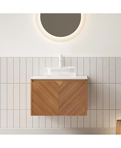 Sillysis Floating Bathroom Vanity with Glass Vessel Sink, Carrara Sintered Stone Top, Solid Wood Door, Twill Metal Trim