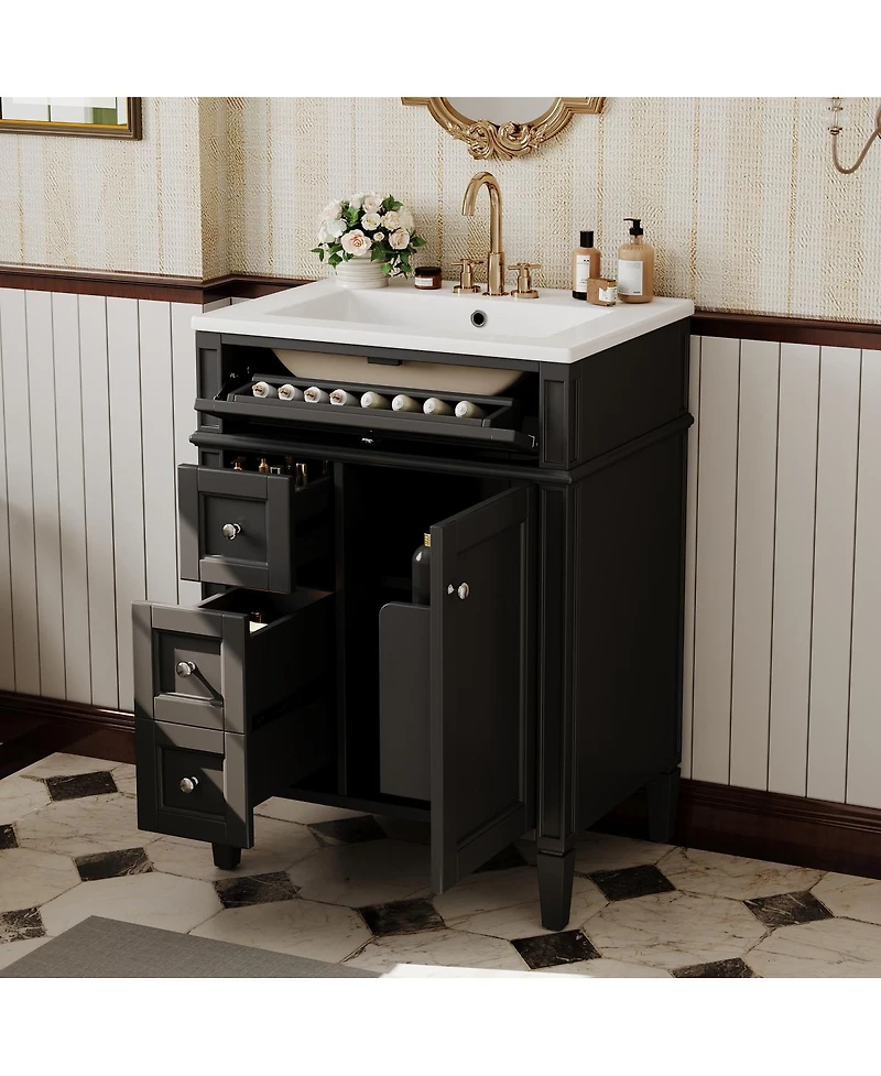 Sillysis 24" French Bathroom Vanity with Ceramic Sink, Modern Freestanding Cabinet, Soft Close Storage Drawers, Adjustable Shelf