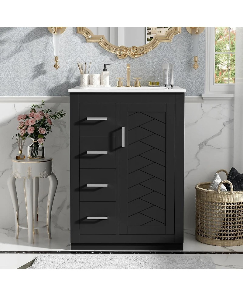 Sillysis 24 Inch Modern Bathroom Vanity with Sink, Solid Wood Mdf Cabinet, 3 Soft Close Drawers, Space-Saving Storage