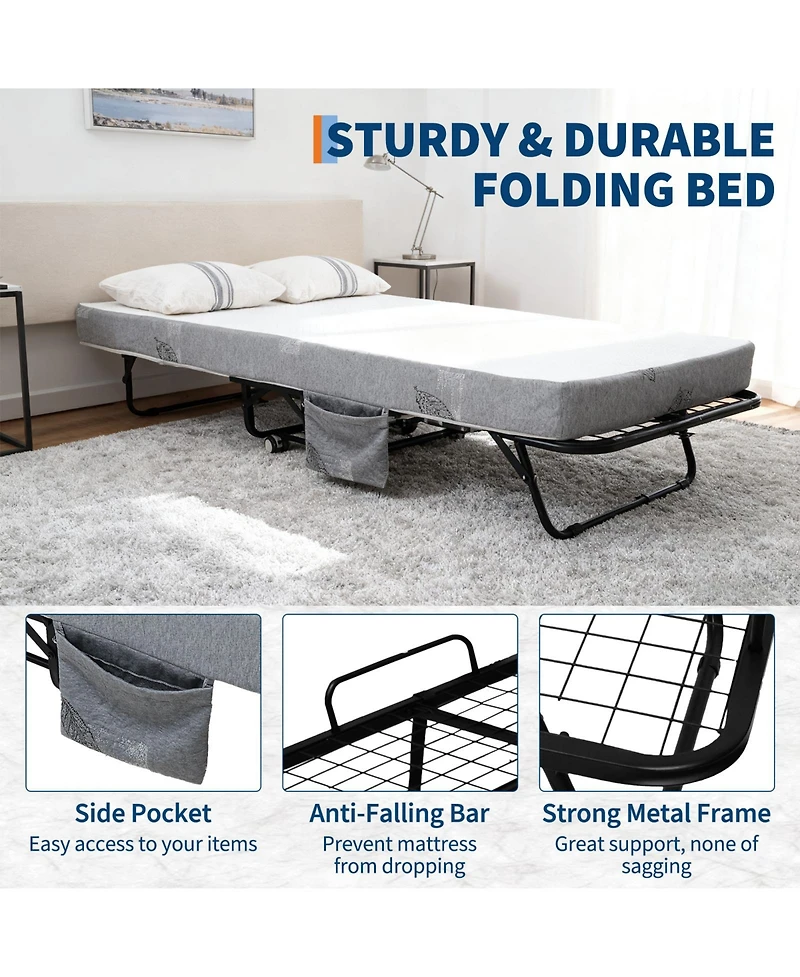 homfan Portable Folding Bed with 5 Inch Memory Foam Mattress, Metal Frame, 4 Rolling Casters, No Assembly Required, Foldable Guest Bed