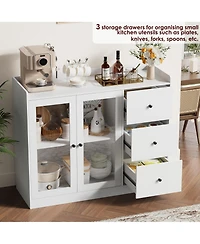 homfan 43 Inch Modern Wood Sideboard Organizer, Buffet Cabinet with Glass Doors, 3 Drawers, Adjustable Shelves and Guardrail for Home Use
