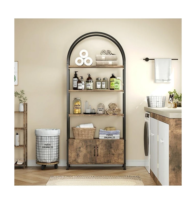 homfan 4-Tier Arched Bookshelf with Closed Doors, Thick Board Metal Frame Tall Storage Cabinet with Non-Slip Feet