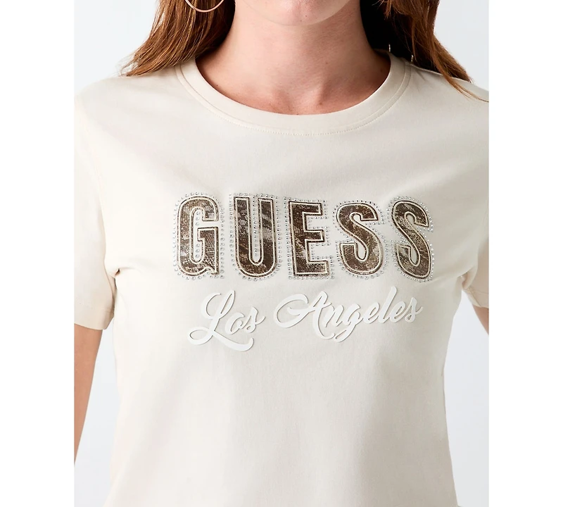 Guess Women's Script Rhinestone Logo Crewneck T-Shirt