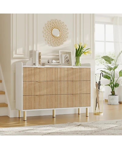 homfan Dresser for Bedroom, Fluted Wood Double Dresser with Metal Handles Curved Design Storage Organizer Cabinet, Wood Storage Double for Bedroom