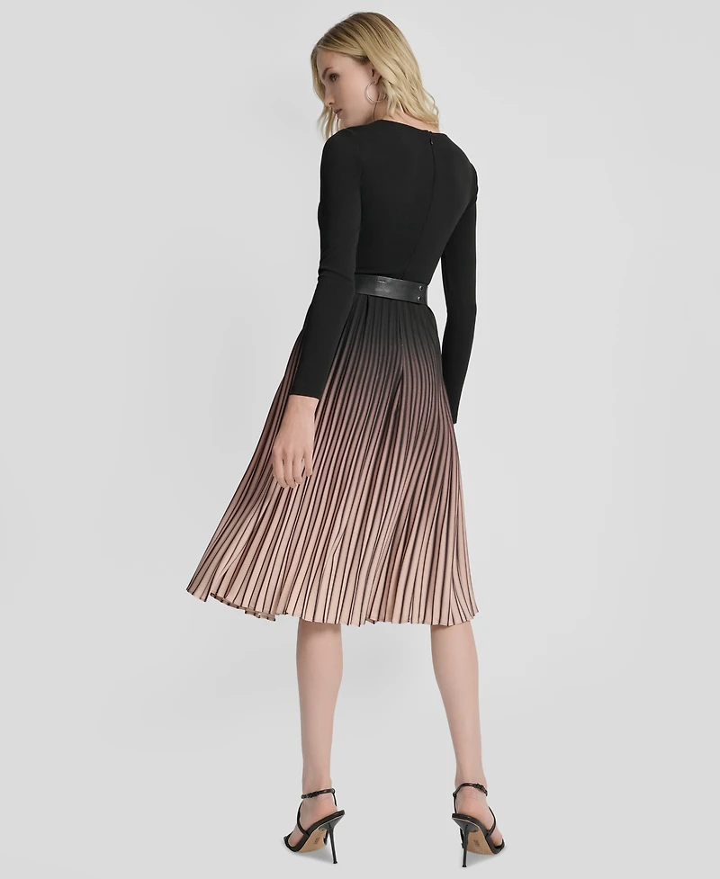 Dkny Women's Pleated Jewel Neck Belted Midi Dress