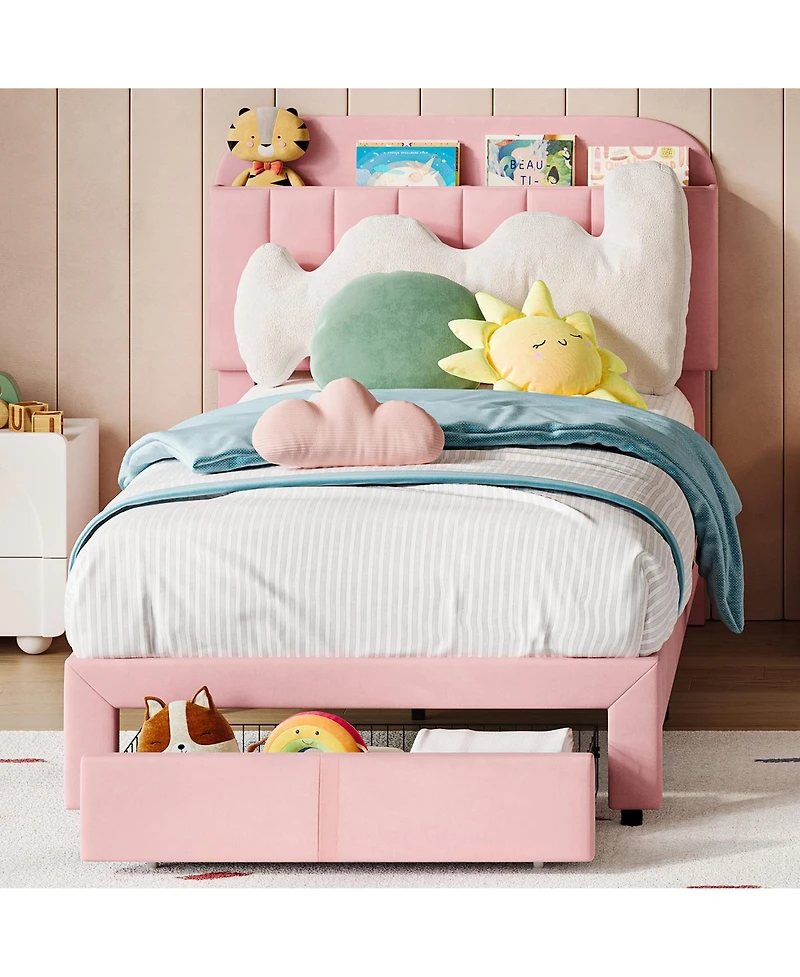 homfan 2 Piece Twin Velvet Upholstered Platform Bed Frame with Storage Bookcase Headboard and Large Drawer, No Box Spring Needed, Easy Assembly