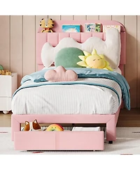 homfan 2 Piece Twin Velvet Upholstered Platform Bed Frame with Storage Bookcase Headboard and Large Drawer, No Box Spring Needed, Easy Assembly