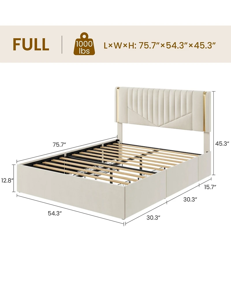homfan Bed Frame with Adjustable Upholstered Headboard, Vertical Channel Tufted Platform with 4 Storage Drawers, Wooden Slats Support