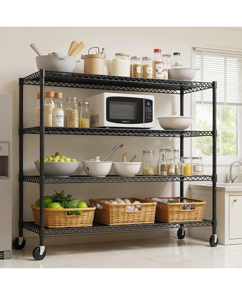 homfan 4 Tier Storage Shelf with Wheels, 75 Inch Heavy Duty Metal Shelving Unit with Adjustable Shelves for Pantry or Kitchen