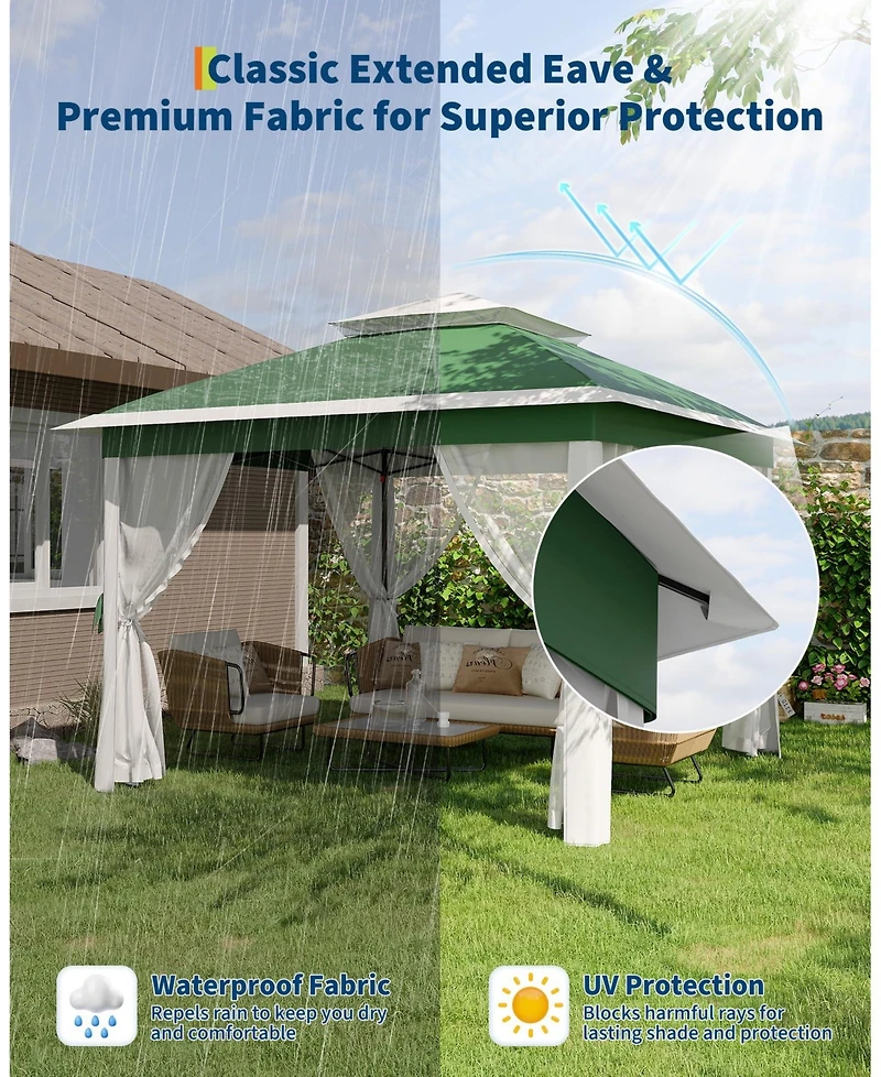 homfan Pop Up Gazebos with Overhanging Eaves, Outdoor Folding Canopy with Mesh Sidewalls Zipper Doors, for Patio Backyard Party