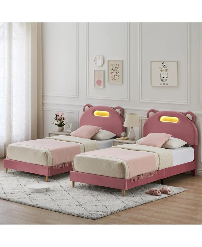 homfan 2 Pack Twin Bed Frame with Led Lights, Upholstered Platform Bed with Headboard and Wooden Slats Support, Noise Free, No Box Spring Needed