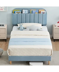 homfan 2 Piece Twin Size Suede Upholstered Platform Beds, Bookcase Headboard, Steel Support Frame, Noise Free, Easy Assembly, Practical Storage Design