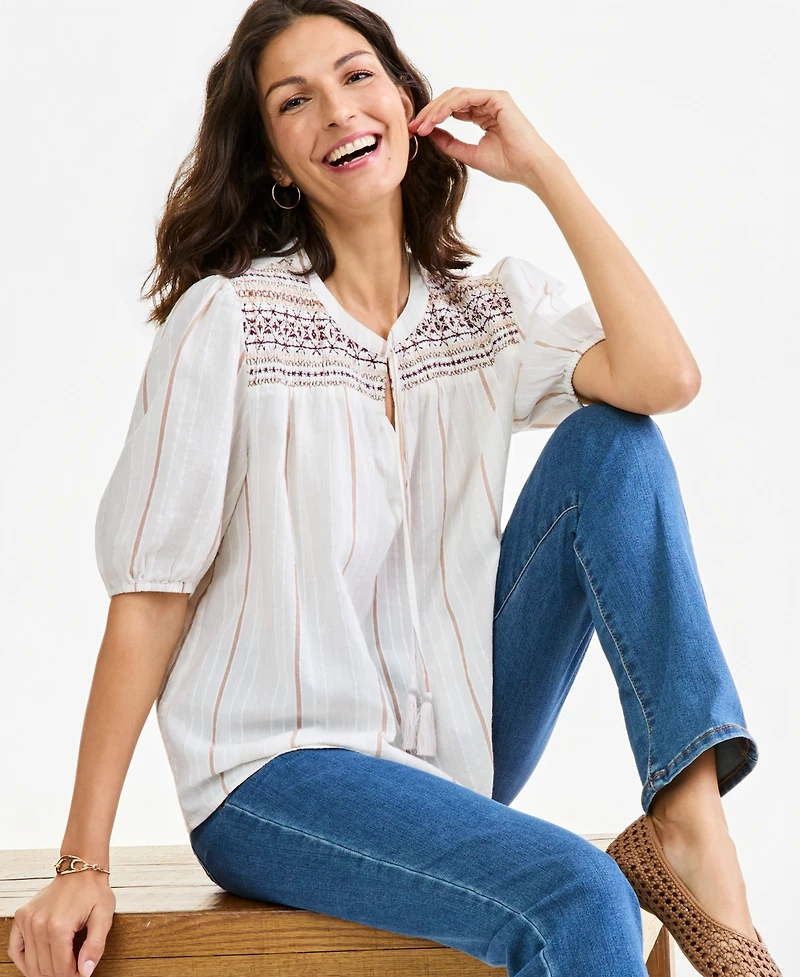 Style & Co Women's Striped Smocked Elbow-Sleeve Cotton-Linen Blend Top, Macy's Exclusive