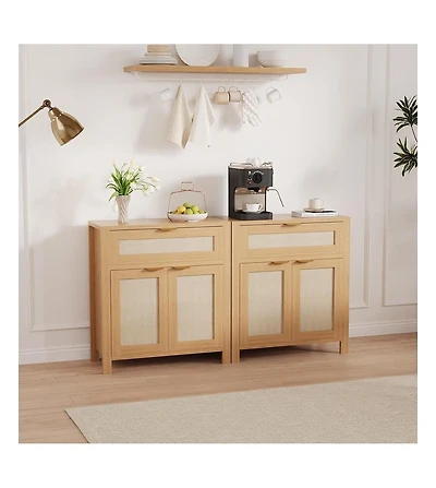 homfan 2 Piece Rattan Sideboard Buffet Cabinet - Drawer and Adjustable Shelves, Storage Accent Cabinet for Living Room Entryway Coffee Bar