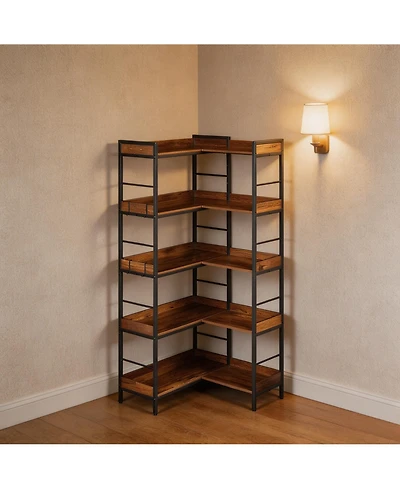 homfan 5-Tier 2-in-1 L-Shaped Bookshelf, Heavy-Duty Storage Rack with Guard Rails and Hooks, Anti-Tip Adjustable Feet Home Organizer