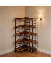 homfan 5-Tier 2-in-1 L-Shaped Bookshelf, Heavy-Duty Storage Rack with Guard Rails and Hooks, Anti-Tip Adjustable Feet Home Organizer