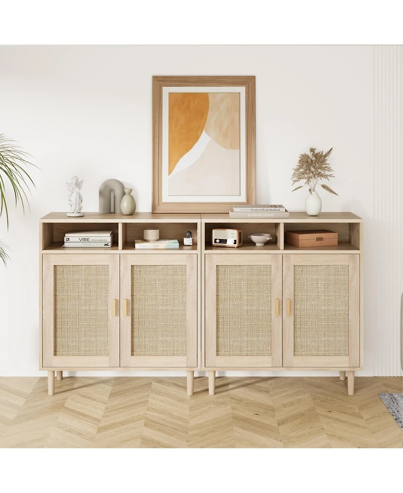 homfan 2-Pack Boho Rattan Coffee Table and Buffet Cabinet Set, 2-Door with Open Shelf, Adjustable Multi-Purpose Console for Home Spaces