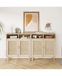 homfan 2-Pack Boho Rattan Coffee Table and Buffet Cabinet Set, 2-Door with Open Shelf, Adjustable Multi-Purpose Console for Home Spaces