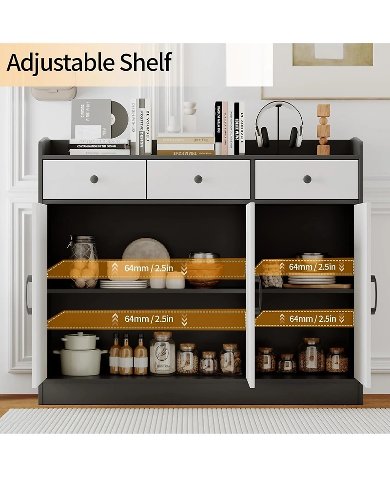 homfan Modern Wooden Sideboard Cupboard with 3 Drawers and Adjustable Shelves, Multi-Purpose Console for Kitchen, Dining and Living Room