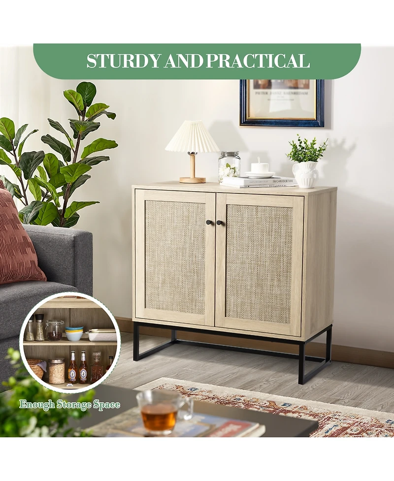 homfan Rattan Double Door Storage Cabinet, Boho Accent Cabinet with Shelves for Living Room Entryway Dining Room