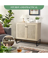 homfan Rattan Double Door Storage Cabinet, Boho Accent Cabinet with Shelves for Living Room Entryway Dining Room