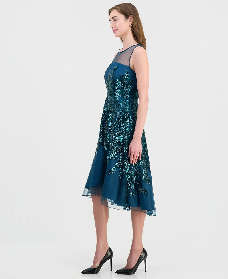 Tahari Asl Women's Illusion and Sequin Midi Boat-Neck Sleeveless Dress