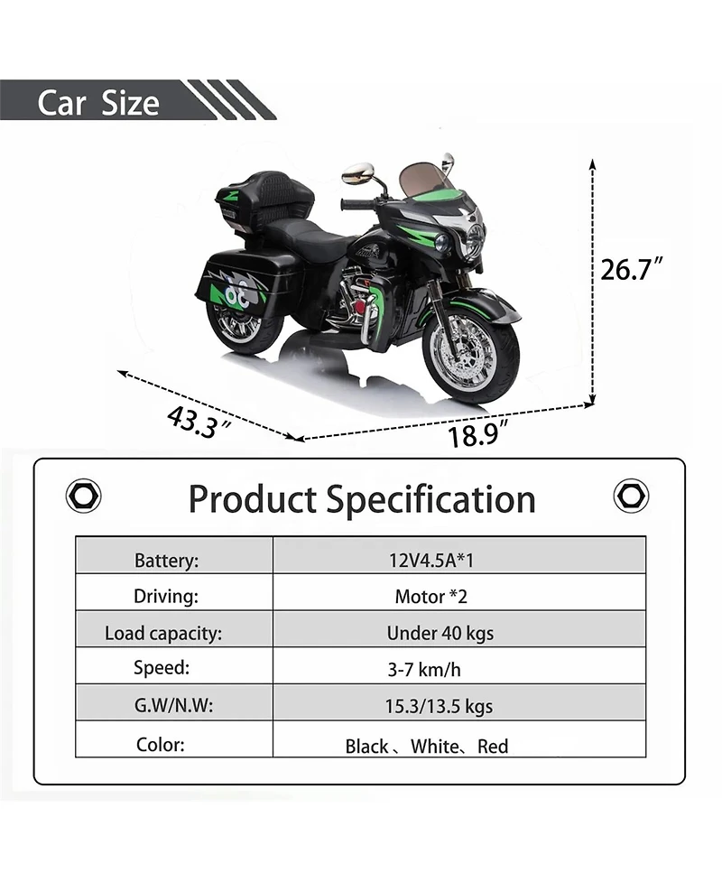 Yobtop Kids Ride On Motorcycle 12V - Led Lights Electric Toy, Wireless Music, Storage Trunk, Pu Seat, Forward and Reverse, Rechargeable, Ages 3-6