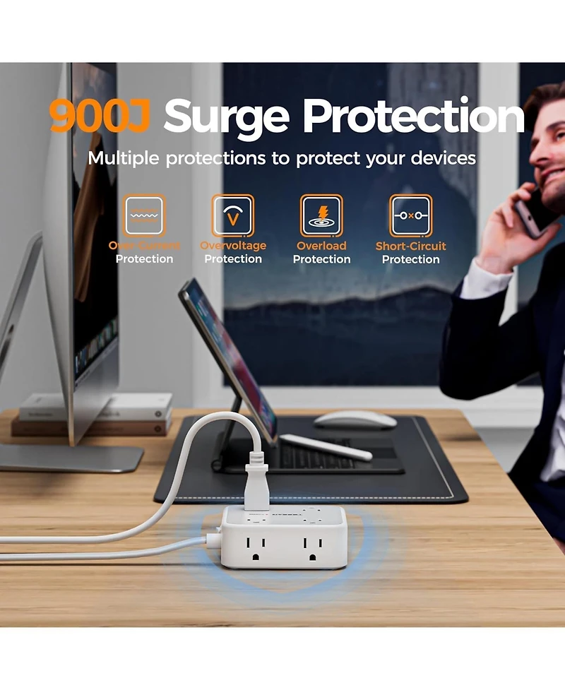 Tessan Surge Protector Power Strip, 5 Feet t Flat Plug Extension Cord with 3 Usb (1 Usb C) 8 Outlets, 1250W, 900J Protection, 3 Sided Outlet Extender