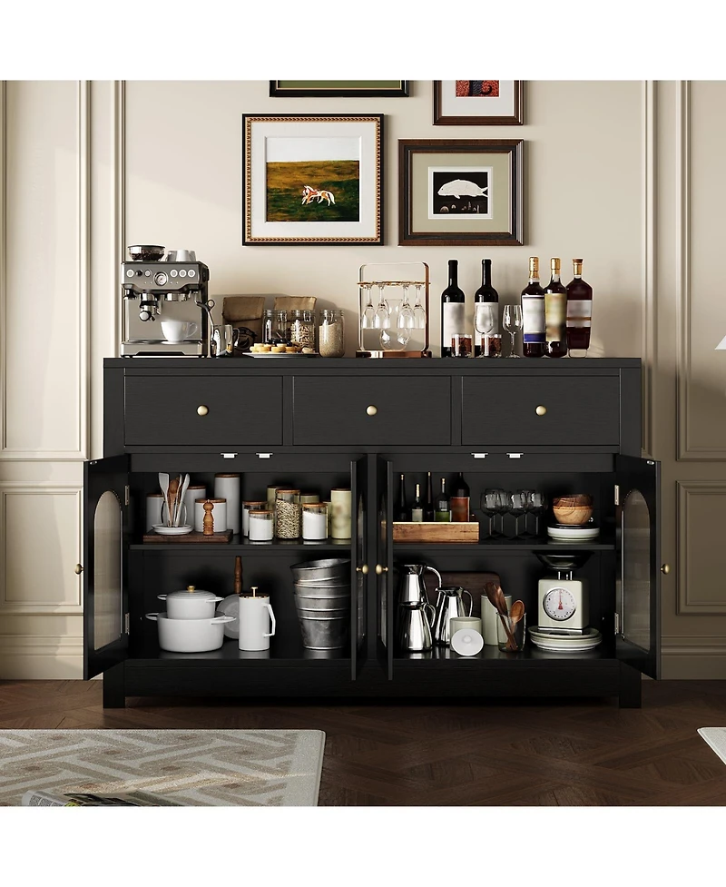 homfan Farmhouse Wooden Buffet Cabinet, Narrow Storage Coffee Bar with 3 Drawers and 4 Doors for Kitchen and Dining Room