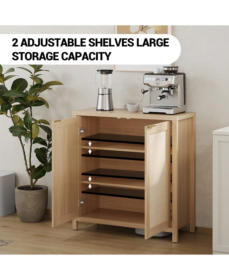 homfan Modern Rattan Storage Cabinet, 2 Doors, Adjustable Shelves, Hidden Gold Handles, Freestanding Entryway Sideboard for Kitchen, Dining Room
