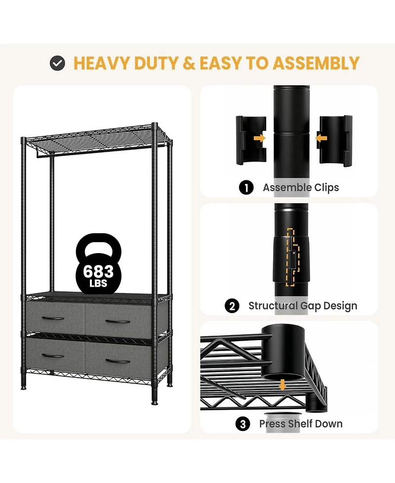homfan 4 Tier Storage Shelf, Metal Shelving Unit with Drawers and Adjustable Shelves for Bedroom or Entryway