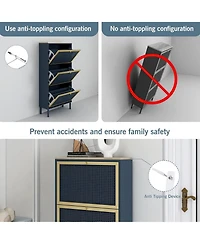 Rainsken Rattan Shoe Cabinet, Freestanding Shoe Rack with 3 Flip Drawers and Metal Legs, Shoe Storage Organizer for Entrance, Entryway and Hallway