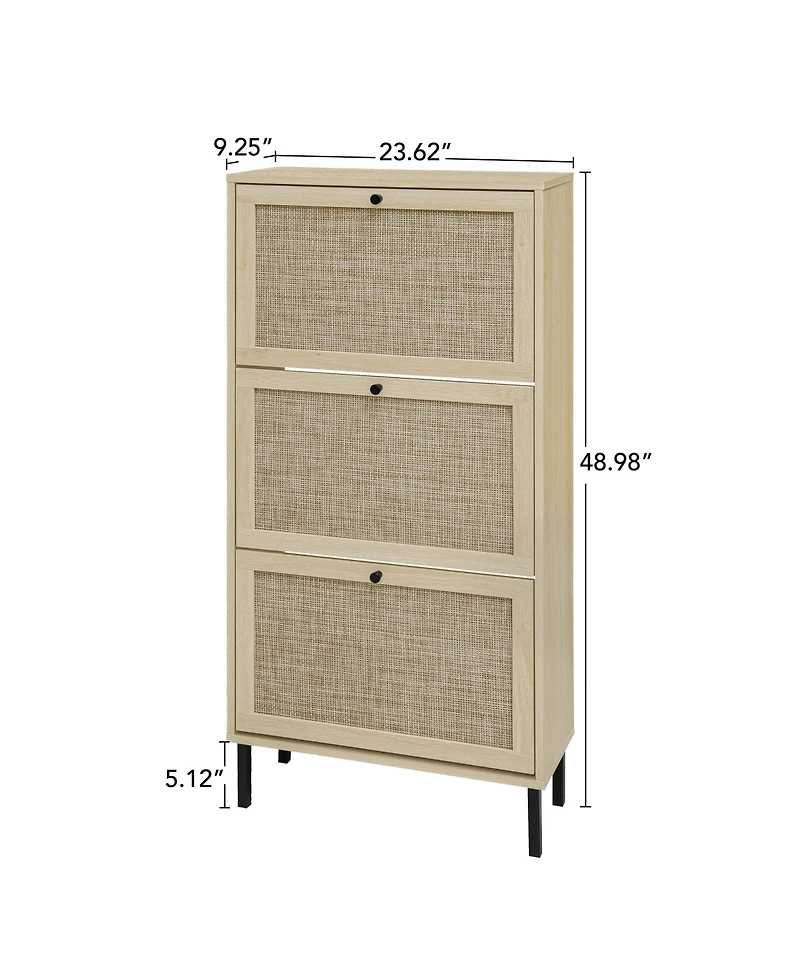 Rainsken Rattan 3 Door Shoe Rack, Freestanding Shoe Storage Cabinet with Metal Base and Anti-Slip Feet, Anti-Tipping Design for Entryway