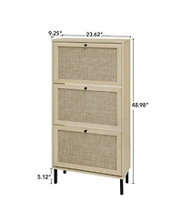 Rainsken Rattan 3 Door Shoe Rack, Freestanding Shoe Storage Cabinet with Metal Base and Anti-Slip Feet, Anti-Tipping Design for Entryway