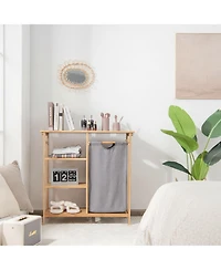 sumyeg Bamboo Laundry Hamper Stand with Sliding Bag and 3-Tier Open Shelves