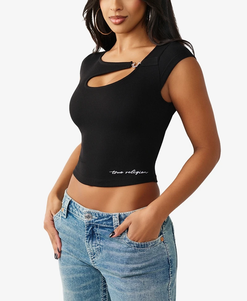 True Religion Women's Crystal Horseshoe Cut Out Rib Top