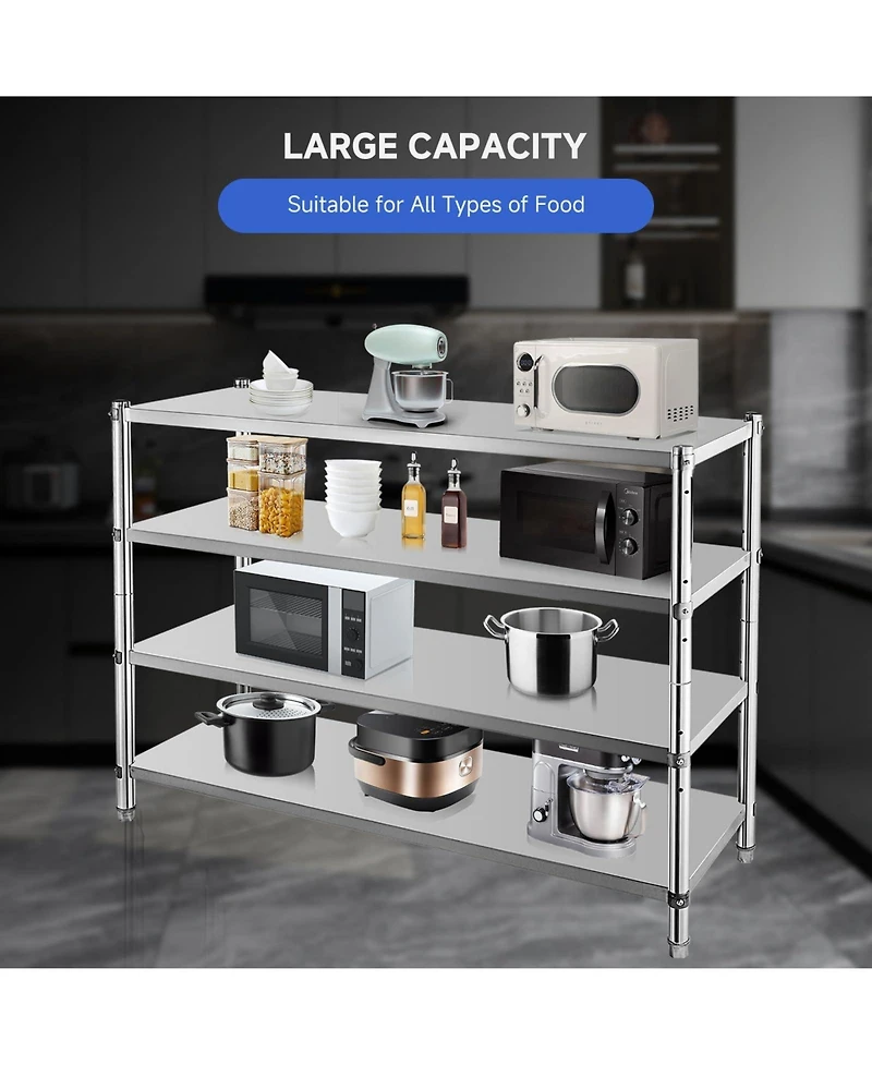 homfan 4 Tier Stainless Steel Shelf, Silver Heavy Duty Adjustable Shelving Unit with Wheels for Kitchen or Pantry