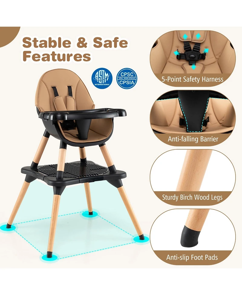 Sugift 6 in 1 High Chair for Babies and Toddlers Ages 6-36 Months-Coffee