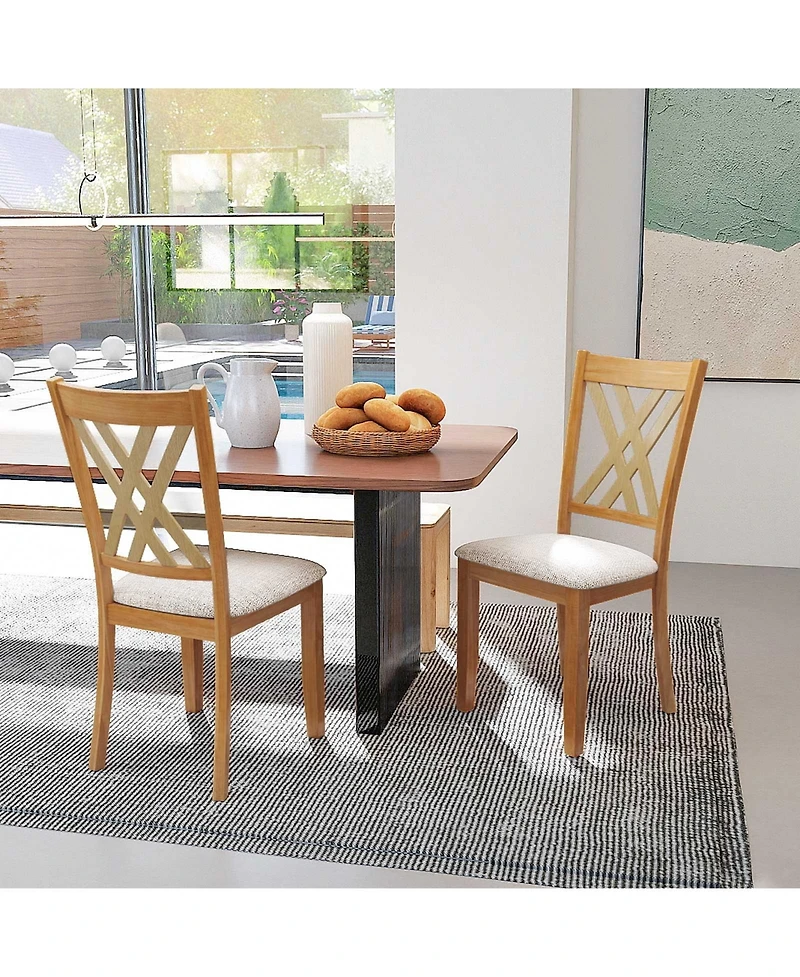 Sugift Linen Fabric Upholstered Wooden Dining Chair Set of 2 with Rubber Wood Frame for Dining Room