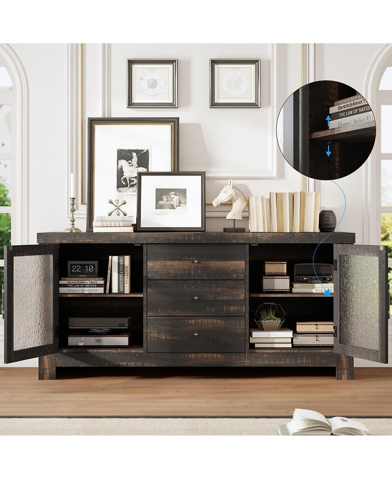 homfan Buffet Sideboard, Accent Storage Cabinet with 2 Glass Doors and 3 Drawers, Coffee Bar Table, Tv Stand for Living Room, Kitchen