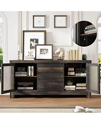 homfan Buffet Sideboard, Accent Storage Cabinet with 2 Glass Doors and 3 Drawers, Coffee Bar Table, Tv Stand for Living Room, Kitchen