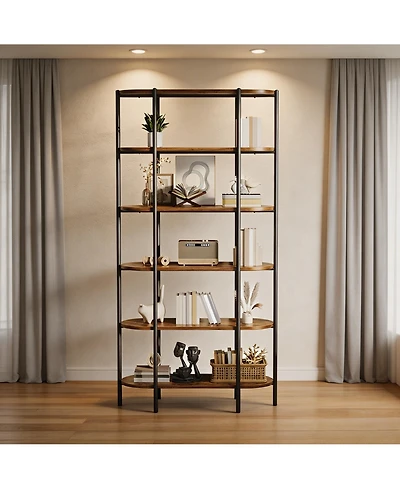 homfan 6-Tier Vintage Elliptical Bookshelf, Mdf and Metal Support Storage Shelf with Anti-Tip Design, Multi-Purpose Easy Assembly Home Display Rack