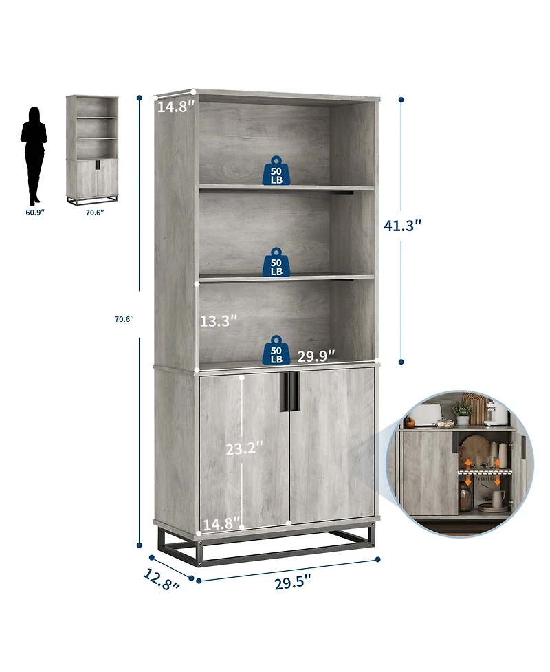 homfan Tall 5-Tier Farmhouse Industrial Bookcase with Doors and Metal Base, Wooden Unit with Adjustable Shelf and Cabinet for Office