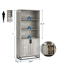 homfan Tall 5-Tier Farmhouse Industrial Bookcase with Doors and Metal Base, Wooden Unit with Adjustable Shelf and Cabinet for Office