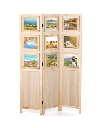 sumyeg 3-Panel Folding Privacy Screen with Swivel Paulownia Wood Photo Frames