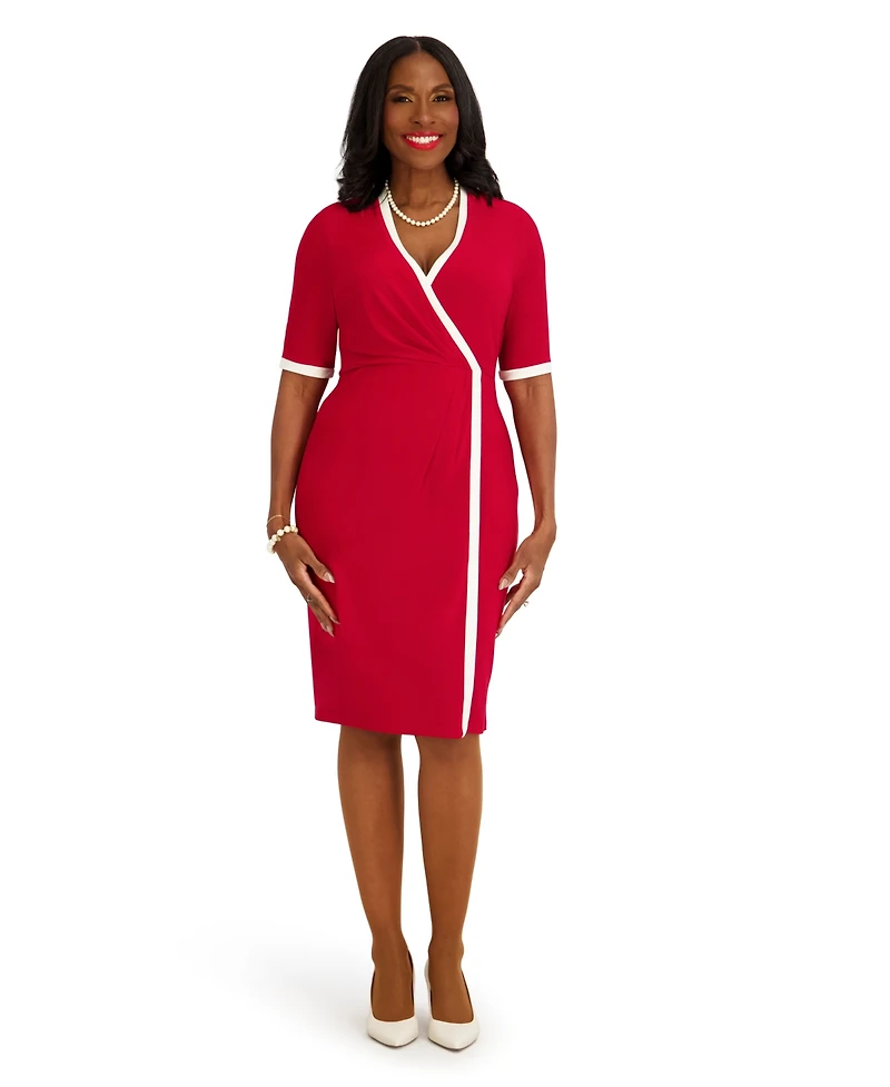 Kasper Women's V-Neck City Wrap Knee Length Dress, Regular and Plus