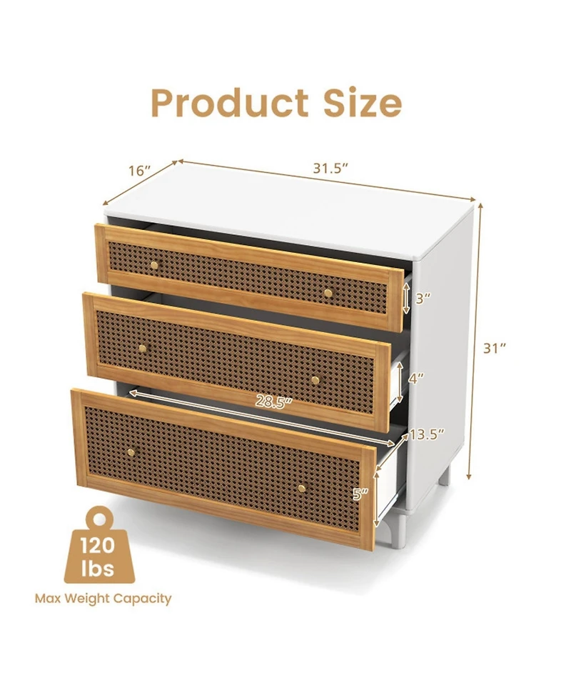 Gouun 3-Drawer Rattan Dresser Chest with Anti-Toppling Device